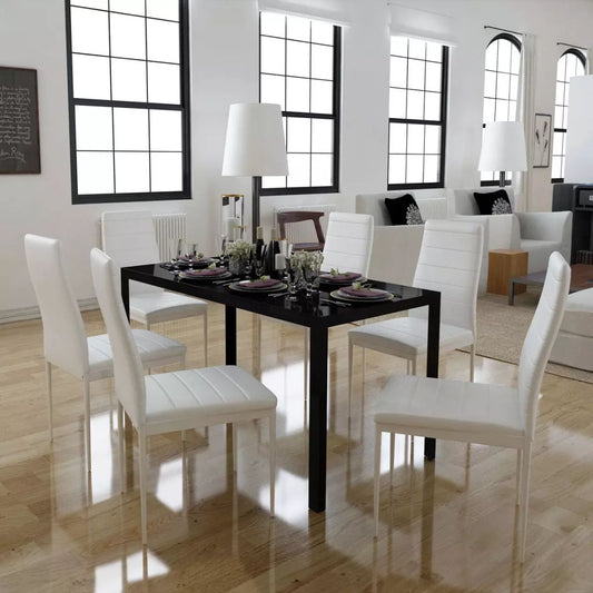 Seven Piece Dining Table and Chair Set Black and White