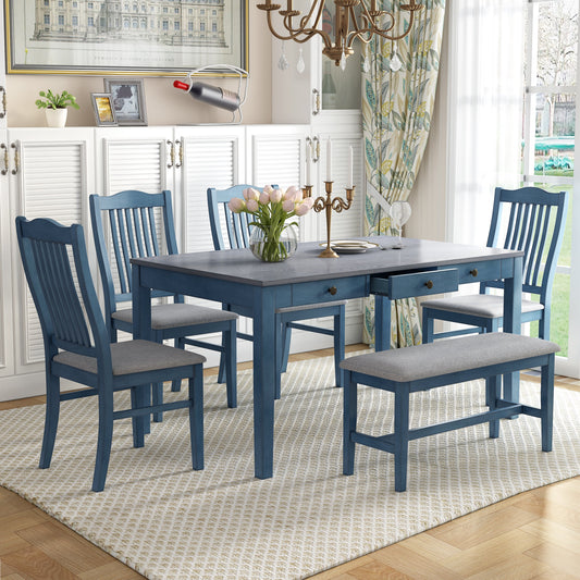Blue Mid-Century 6-Piece Wood Dining Table Set