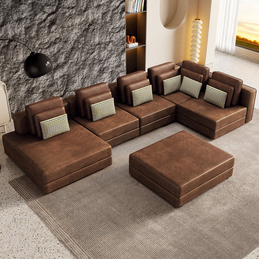 Brown Sectional Corner Chaise Lounge with Movable Pcs